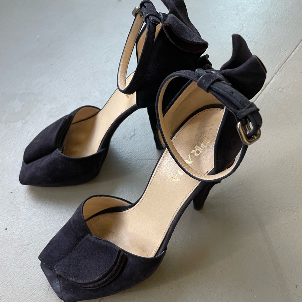 Prada ankle strap suede peep toe pumps